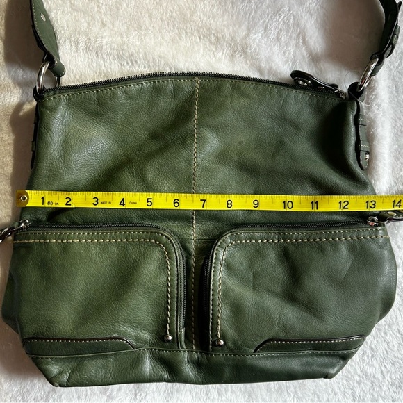 Tignanello Olive Green Leather Satchel Striped Colorful Lining 3 Zipper Pockets - Picture 3 of 11